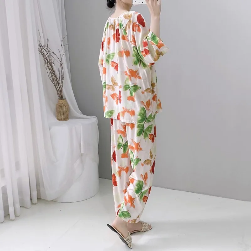 New Spring and Summer Cotton Silk Pajamas Women Round Neck Thin Summer Cool Moon Dress Silk Suit Big Size Beautiful Sleepwear
