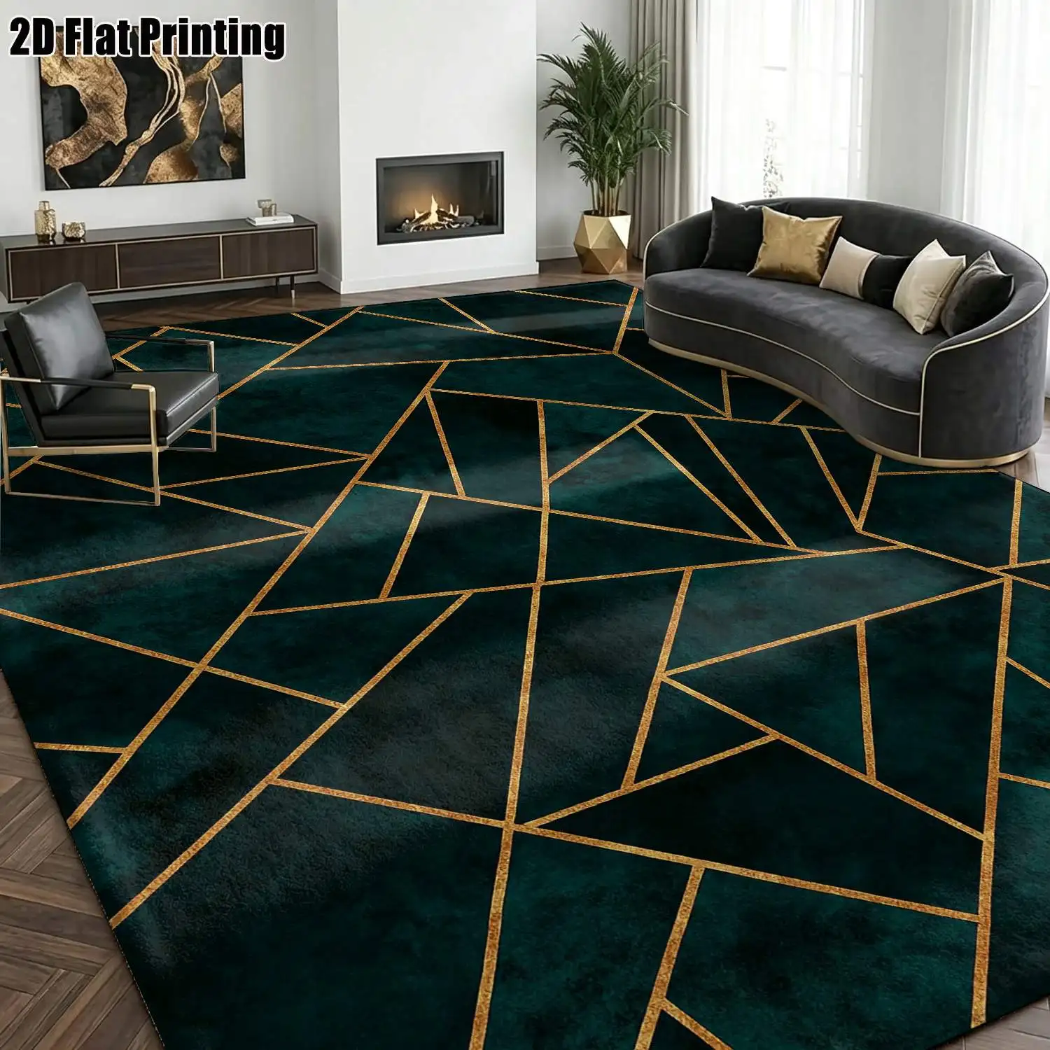 1Pc 2D Printed Dark Green Geometric Line Pattern Nordic/Instagram Style Carpet, Modern Minimalist Retro European Floor Mat, Machine Washable, Multi-Size, for Home Decor, Entrance/Dining/Foyer/Living Room/Bedroom