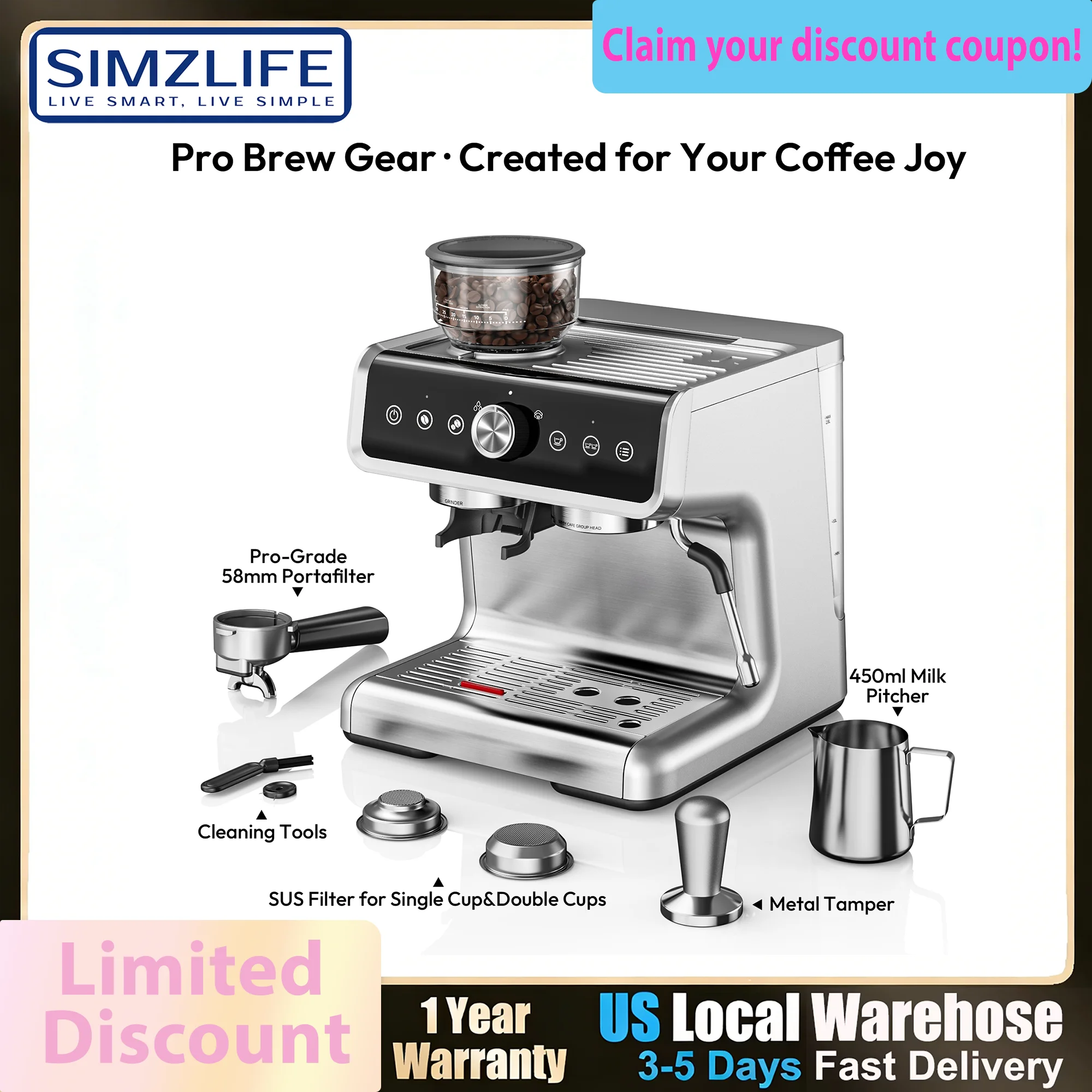 15/20 BAR Vollautomatische Kaffeemaschine, PID-Temperaturregelung, 30-stufiger einstellbarer Touchscreen, selbstreinigend, für Zuhause, Büro