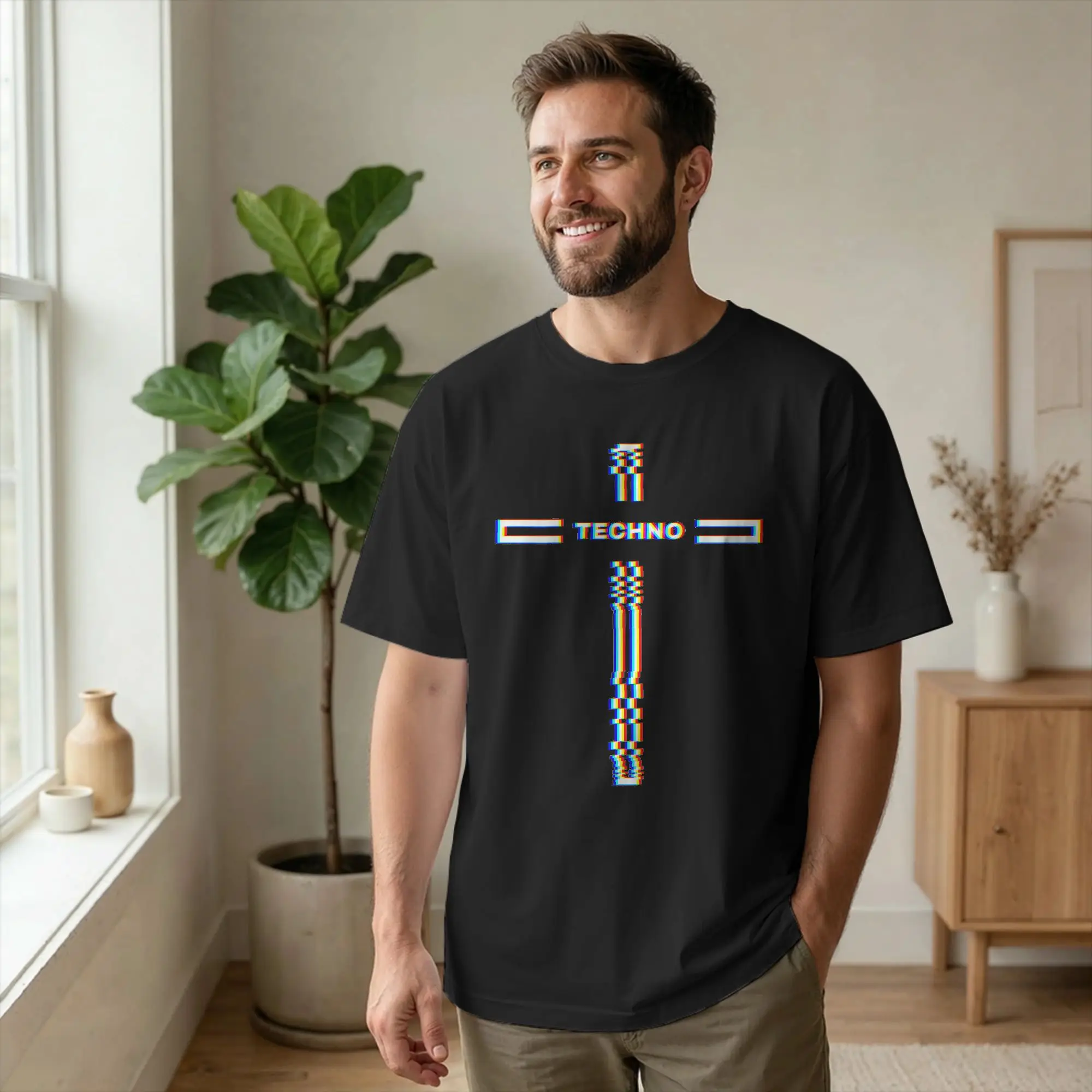 Techno Musique Religion Cross Glitch Rave T Shirt for Men Cotton Awesome T-Shirts Crew Neck EDM Tees Short Sleeve Clothing