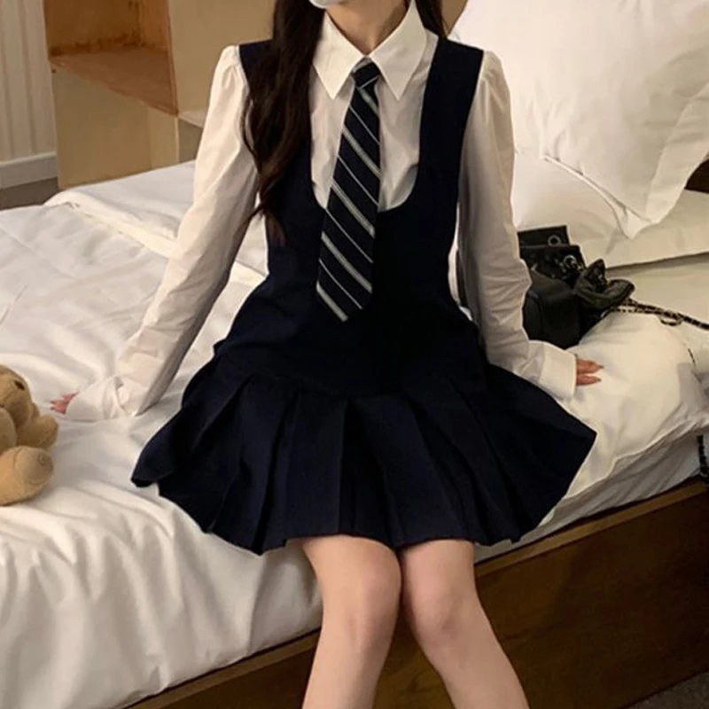 Korean Preppy Style JK Uniform Set for Women White Long Sleeve Shirt Student High Waist Slim Y2K Kawaii Pleated Mini Dress 2024