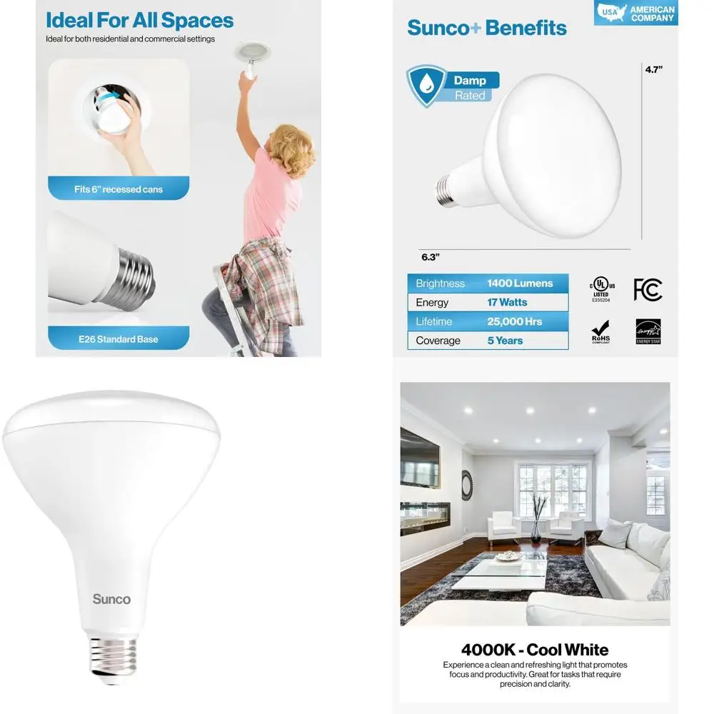 

Набор из 30 светодиодных ламп BR40, 1400 люмен, 17 Вт, 4000K, холодный белый свет, с регулировкой яркости, цоколь E26, подходят для дома, спальни, кухни, сертифицированы UL.