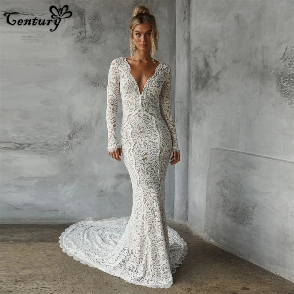 Boho Lace Wedding Dresses for Women Mermaid V Neck Backless Long Sleeve Simple Rustic Bridal Gowns for Bride Customized