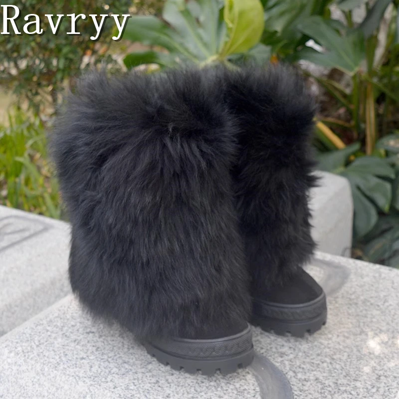 

Winter Warm Wool Mid Calf Boots Thick Bottom 10cm Hidden Heels Snow Boots Women Fashion Full Fur Booties