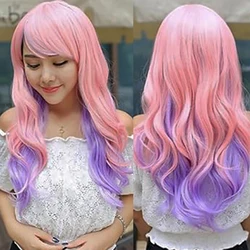 Soowee Synthetic Hair Rainbow Curly Cosplay Wig with Bangs Pink to Purple Ombre Lolita Wigs for Women