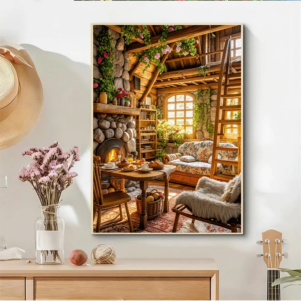 1000ピース 木製ハウスインテリアジグソーパズル - 石の暖炉と花柄のソファが付いた素朴な小屋のシーン、鮮やかな色、詳細な