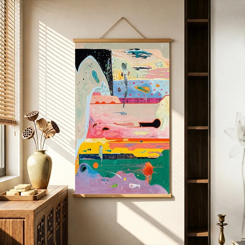 Wall Decor Colorful Layered Figures and Graphic Shapes, Modern Abstract Pearlescent Canvas Hanging Scroll for Creative Studio
