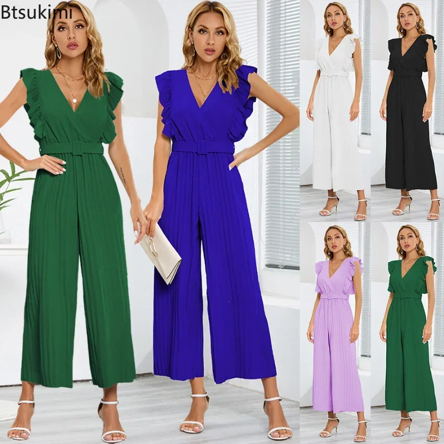 

New 2026 Women's Slim High Waist Jumpsuits Fashion Sleeveless Ruffle V-neck Pleated Wide-leg Rompers Lady Solid Elegant Overalls