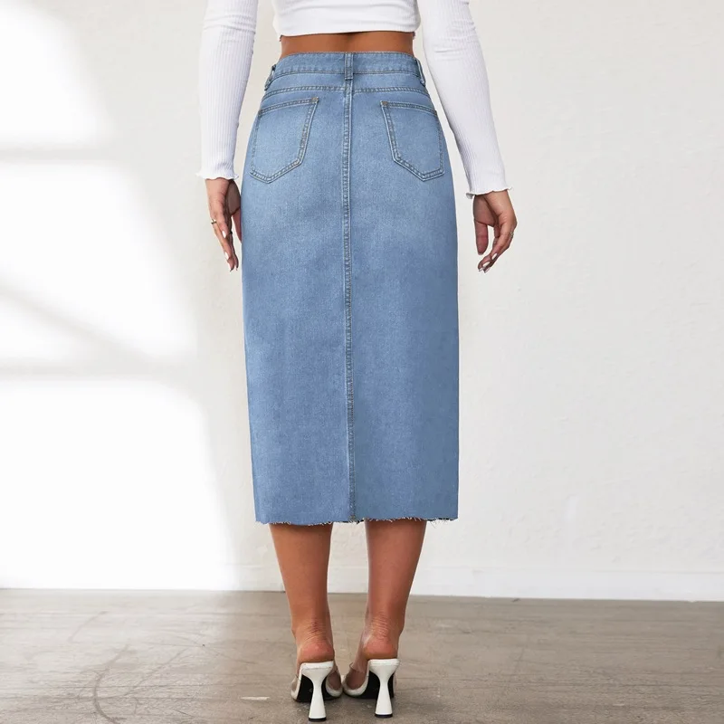 American Retro High-waisted Slit Denim Half-body Skirt. New Fashionable, Simple and Casual Skirt for Women in Spring and Summer