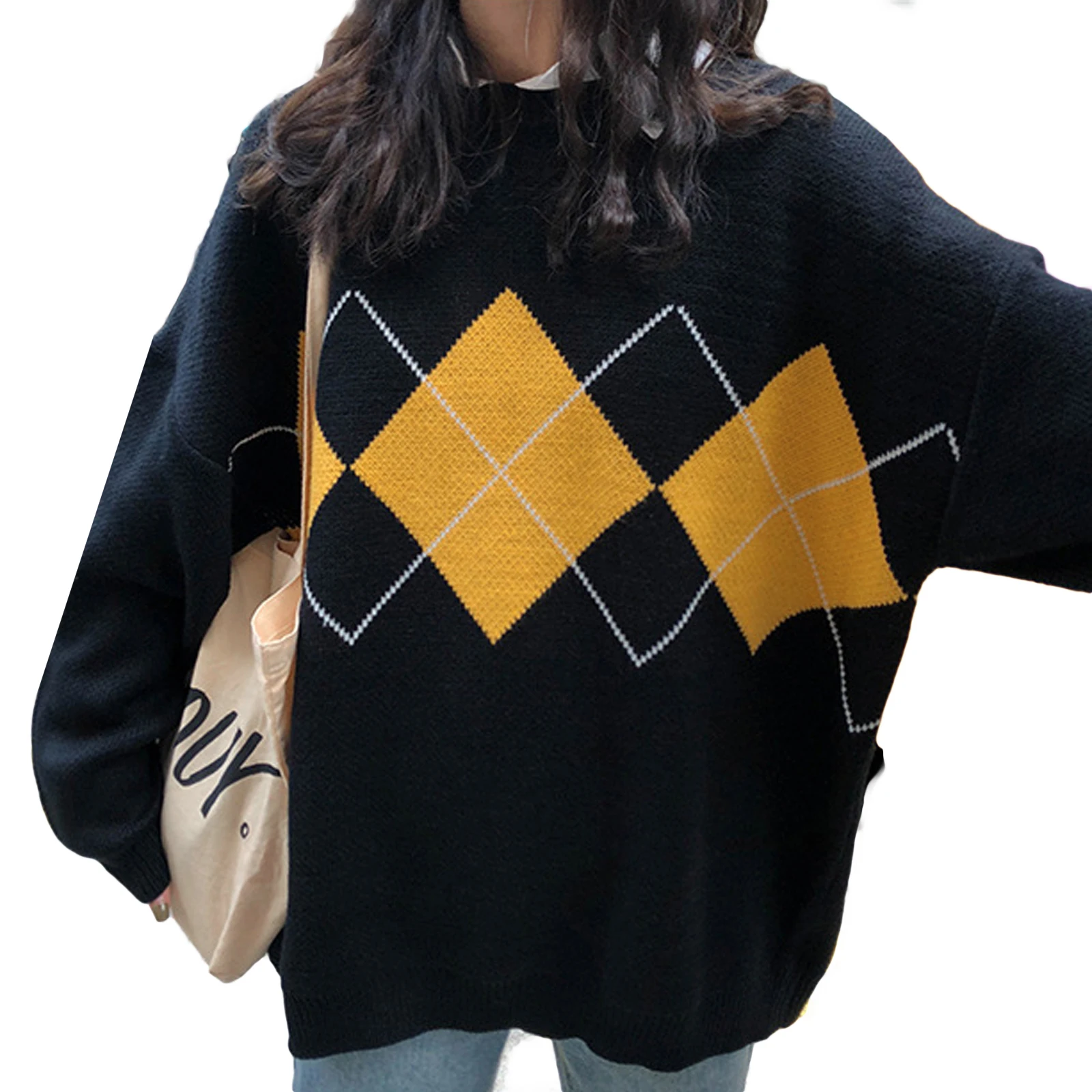 Women Winter Thickened Sweater Casual Long Sleeve Argyle Print Knit Pullovers Academic Style Oversized Sweaters Jumper Tops