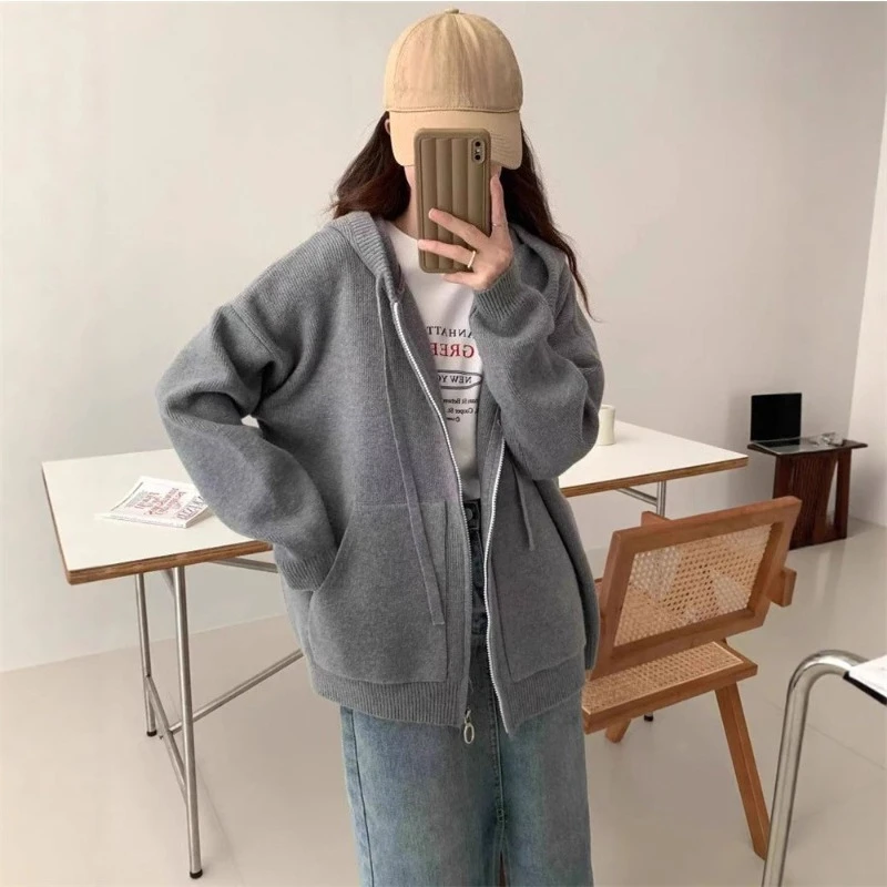 秋冬新韓国語バージョン緩い怠惰な風フード付きセーターニットカーディガンカジュアルソフトワックス状ジッパーセーター女性のコート