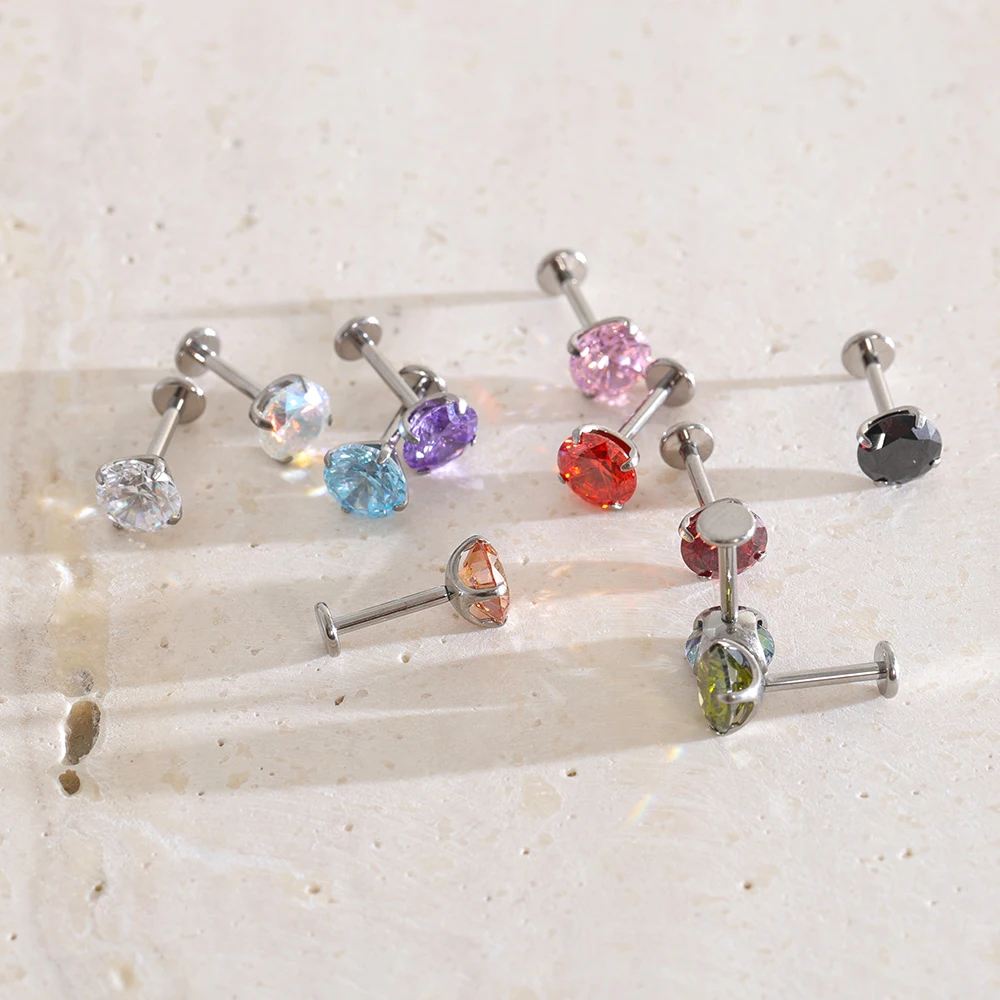 Qchic 1PC ASTM F136 Titanium Alloy 6mm Multicolor Zircon Back Cartilage Helix Piercing Earring Daily Versatile Simple Jewelry