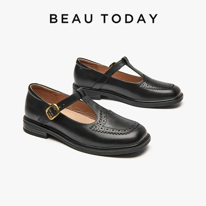 BeauToday Mary Janes Women Genuine Cow Leather Brogues T-tied Flats Buckle Strap Spring Classic Ladies Shoes Handmade 28272