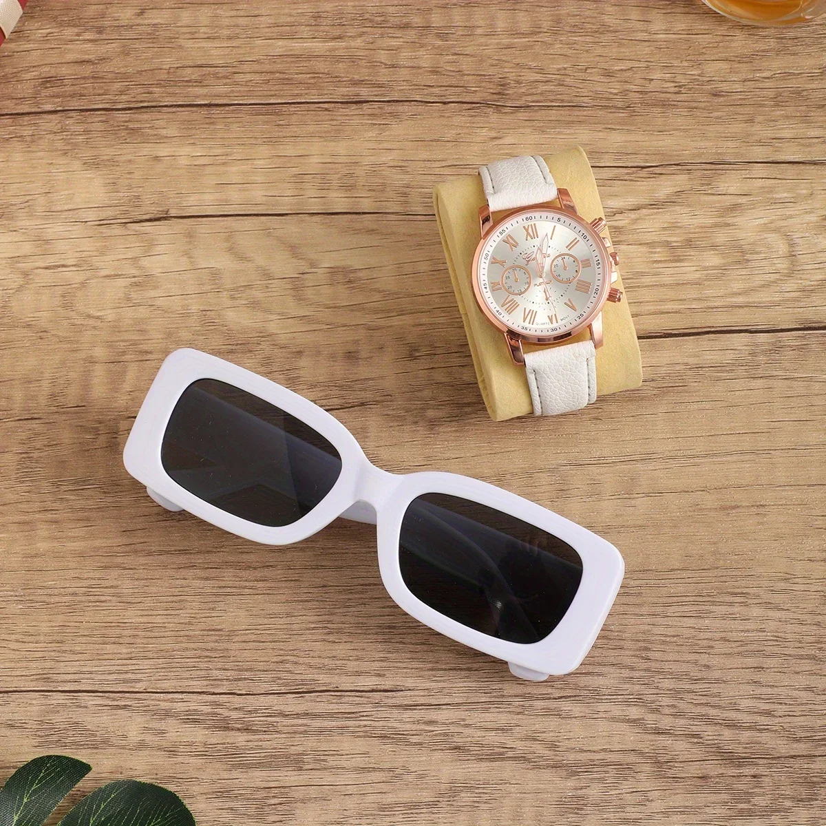 زوج أنيق من ساعات كوارتز نسائية أنيقة ونظارات عصرية - حزام جلدي صناعي عصري، أفضل خيار لتقديم الهدايا