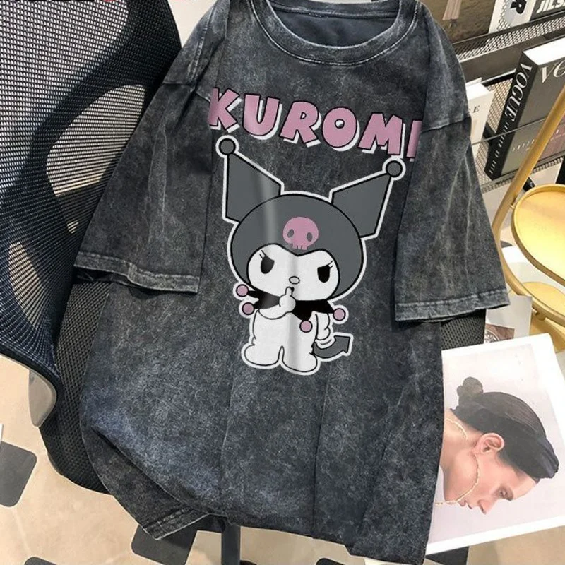 Sanrio kuromi-女性用半袖Tシャツ,レトロなアメリカのTシャツ,特大のストリートウェア,カップル用サマートップ