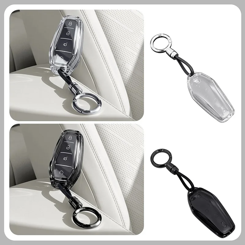 For BYD Sealion Sea Lion 07 EV 2024 2025 2026 Car Key Case with Keychain Semi Transparent Scratch Design Soft TPU Cover