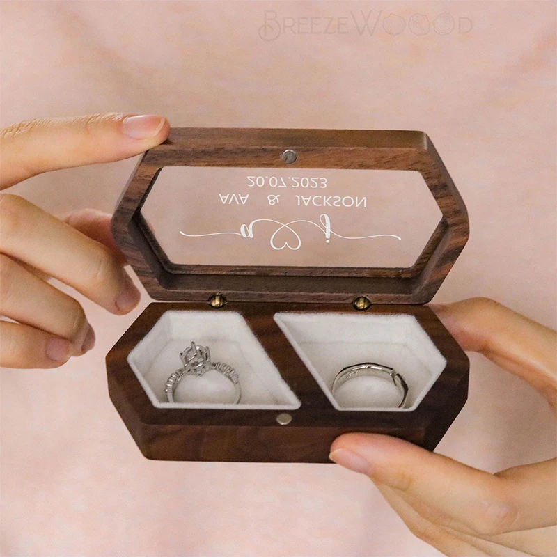 Personalized Wedding Ring Box Double Slot Wooden Proposal Ring Box Earring Ring Storage Case for Ceremony Wedding Proposal