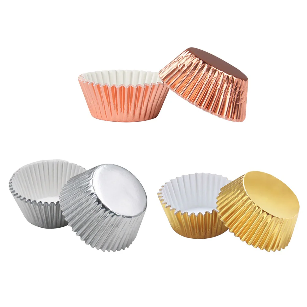 300PCS Thickened Aluminum Foil Cups Cupcake Liners Cake Muffin Molds for Baking (Light Golden, Silver, Rose Gold)