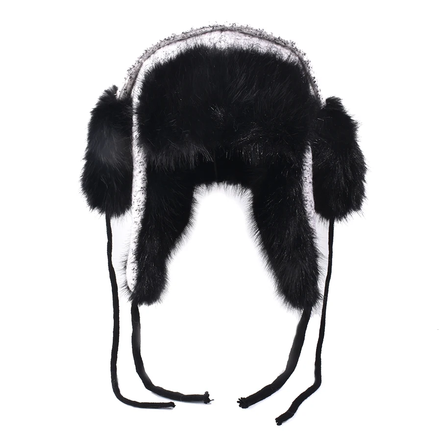 2025 neue Pelzmütze Männer Russische Uschanka Bomber Hüte Weiß Warme ohrenschützer Pilot Hut Winter Warme Echt Kaninchen Fell Earflap Männer schnee Kappen