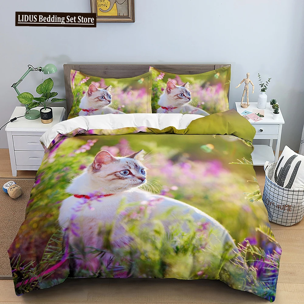 

3D Cat Printed Duvet Cover Set Queen King Full Size Cute Kawaii Flowers Polyester Comforter Cover For Kids Boys Girl Bedding Set