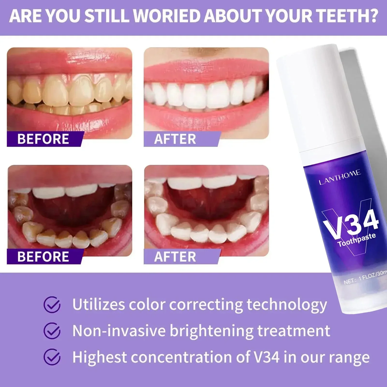 V34 Teeth Whitening Toothpaste Remove Stains Yellowing Oral Hygiene Cleaning Dental Bleaching Tools Fresh Breath Dentistry Care