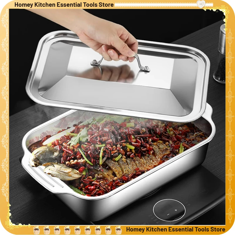 Stainless Steel Fish Plate Large Capacity BBQ Tray Rectangular Non-stick Seafood Dish with Lid for Both Gas and Induction Cooker