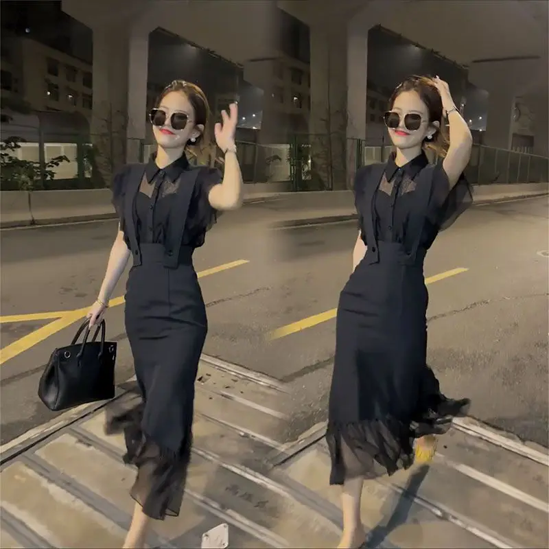 

Summer Flutter Sleeve Shirt And Strappy Tailored Dress Two Piece Set For Petite