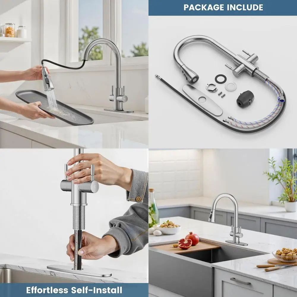 

Смеситель для кухни с высокой дугой из нержавеющей стали и выдвижным распылителем, двойными ручками, отделкой из матового никеля для кухонь, автофургонов и бар