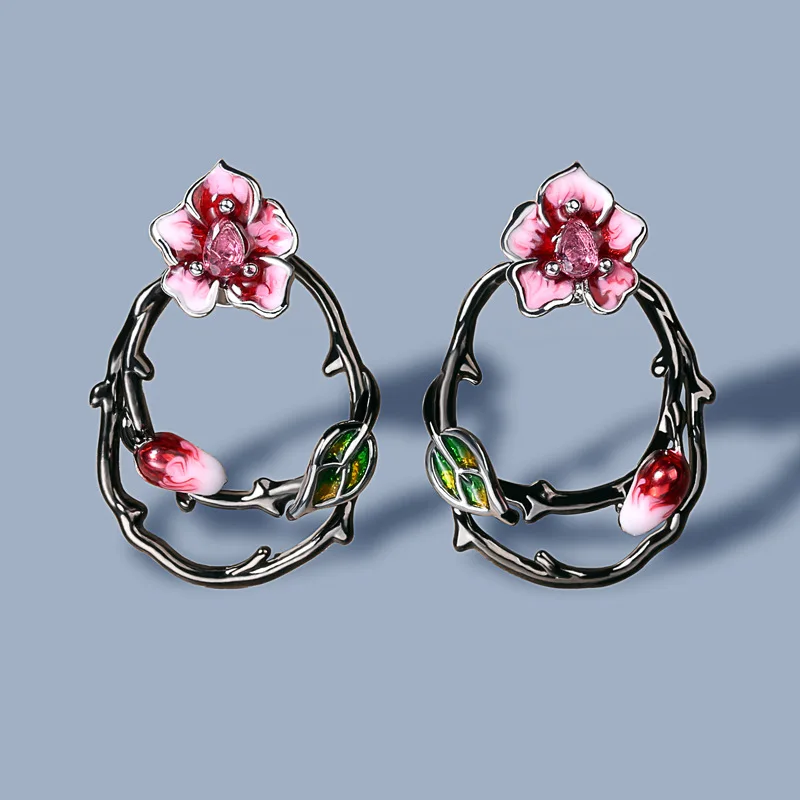 High Quality Sweet Temperament Handmade Enamel Flower Hollow Earrings Ladies 925 Silver Romantic Flower Jewelry