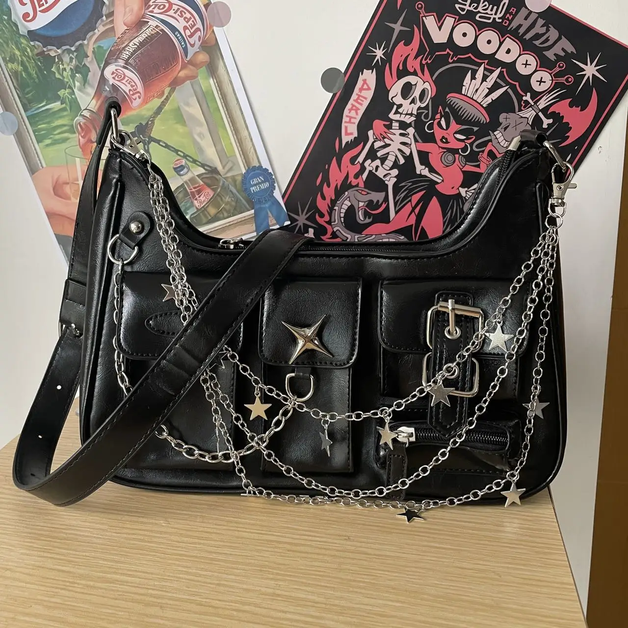 

Модная женская сумка Y2K с цепочками и подвесками-звездами, черная кожаная сумка через плечо в стиле панк для женщин