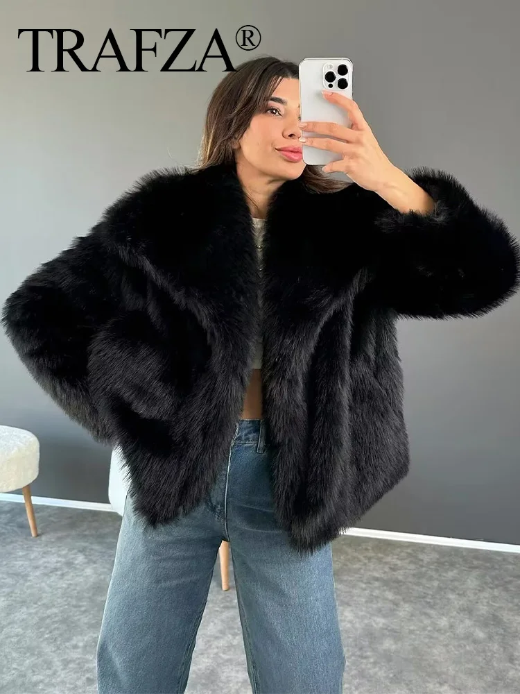 TRAFZA Winter Women Elegant Warm Plush Coat Turn-Down Collar Thick Cardigan Coat Female Pocket Long Sleeve Short Outerwear Mujer