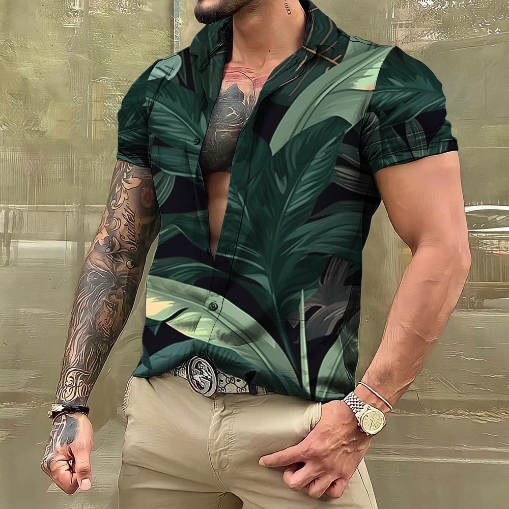 2024 Hawaiian Leaf Plant Shirts For Men Floral Short Sleeve Casual Oversized Tops Social Everyday Streetwear Clothing Tropical