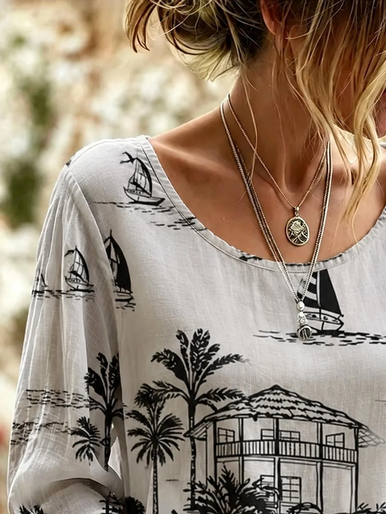 Women Plus Size Blouse 3D Tropical Print Long Sleeve Loose Fit Casual Resort Shirt