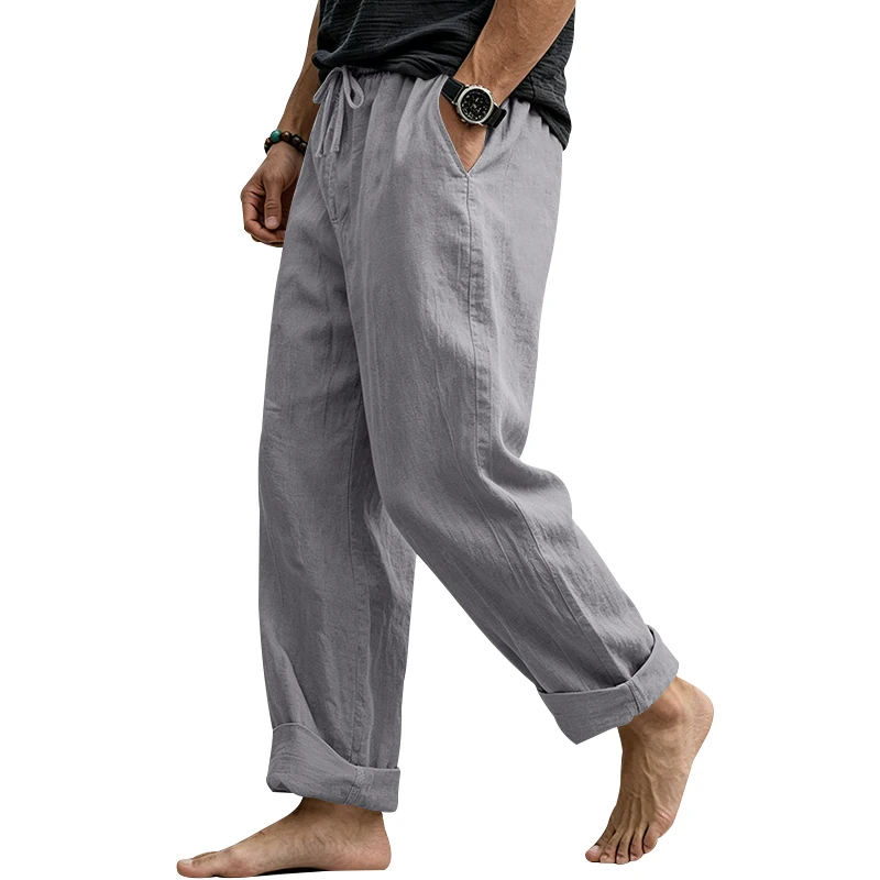 Sommerliche Herren-Leinenhose, Lässige Hawaiian-Hose mit Elastischem Kordelzug, Atmungsaktive Gerade Lange Hose mit Taschen für Alltag und Zuhause – Detail 34