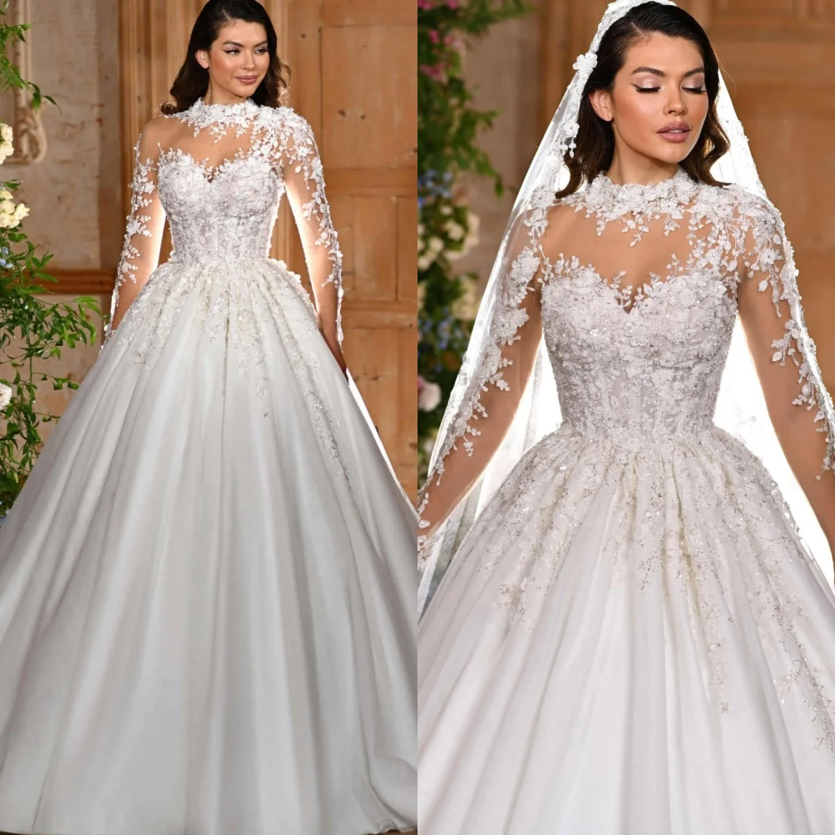 Vestido De Novia blanco personalizado con lentejuelas y cuello redondo, Vestido De Novia Formal De manga larga De lujo para fiesta De Novia, alta calidad