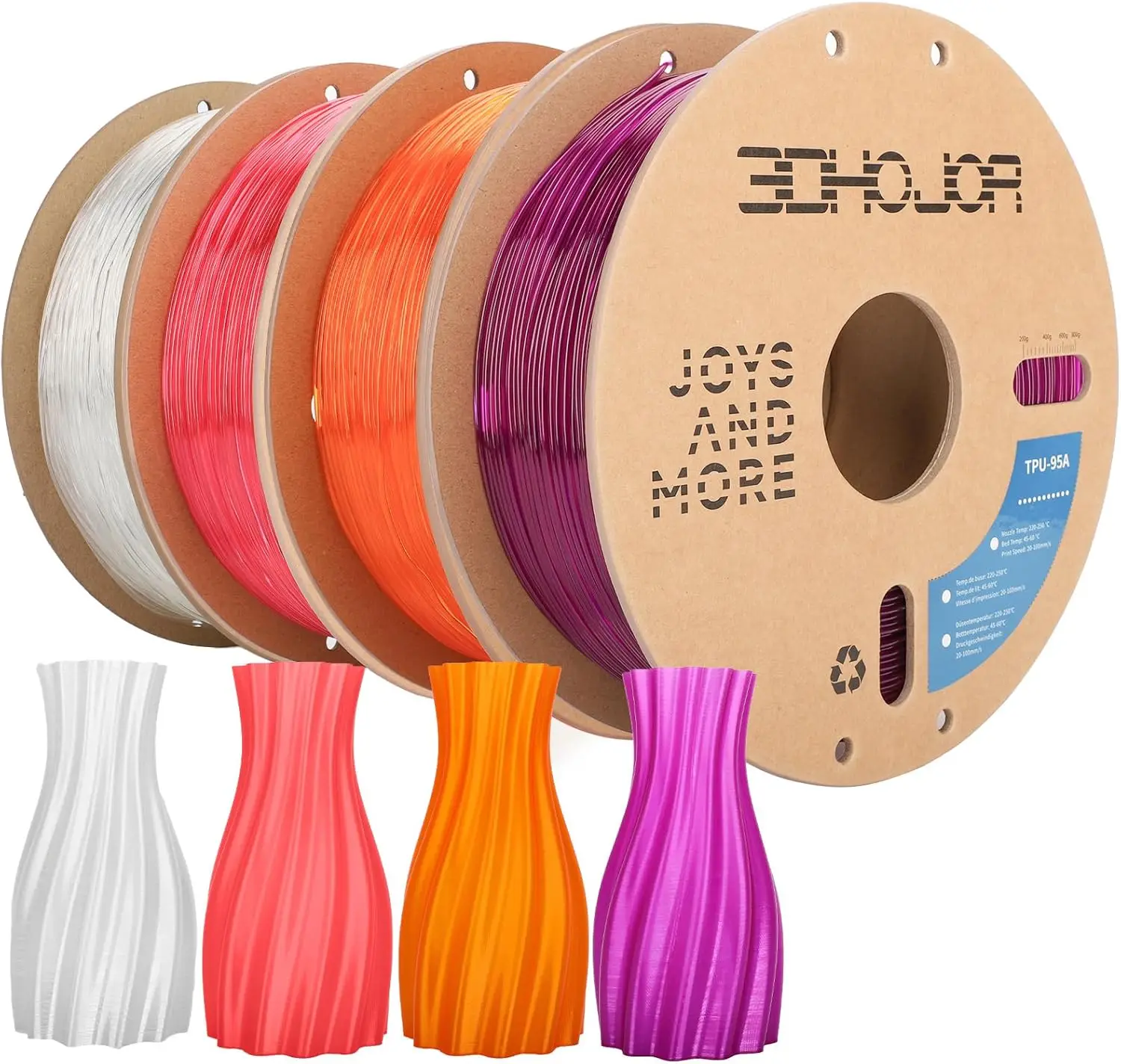 

Flexible TPU 3D Printer Filament 1.75mm, 95A Hardness, 1KG*4 Bundle, Transparent Colors for FDM Printers