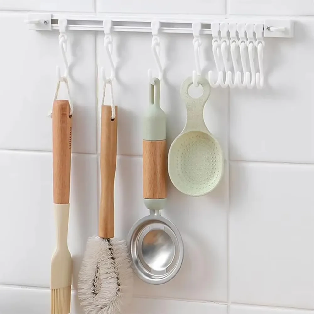 S-Shaped Hook Keychain Display Stand Space Saving Punch-Free Sliding Track Hook Self-Adhesive Storage Rack Kitchen Cabinet Door