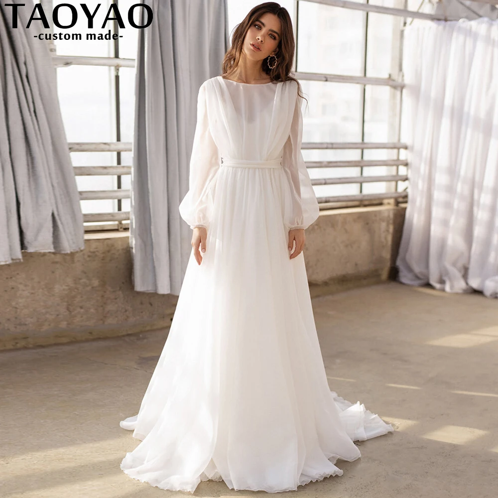 Vestidos de novia bohemios de línea A, mangas abullonadas de gasa simples, cuello redondo, Espalda descubierta, tren de barrido, vestidos de novia