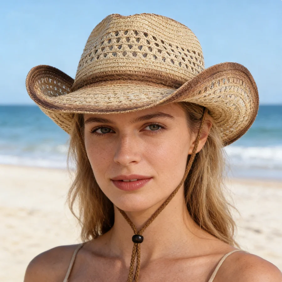 Hollow-Out Breathable Straw Cowboy Hat, Breathable and Not Stuffy, with Gradient Color Edges, Retro yet Stylish, Comes with Adjustable Windproof Strap, Won'T Blow Away in the Wind, Suitable for Outdoor Beach Sun Protection