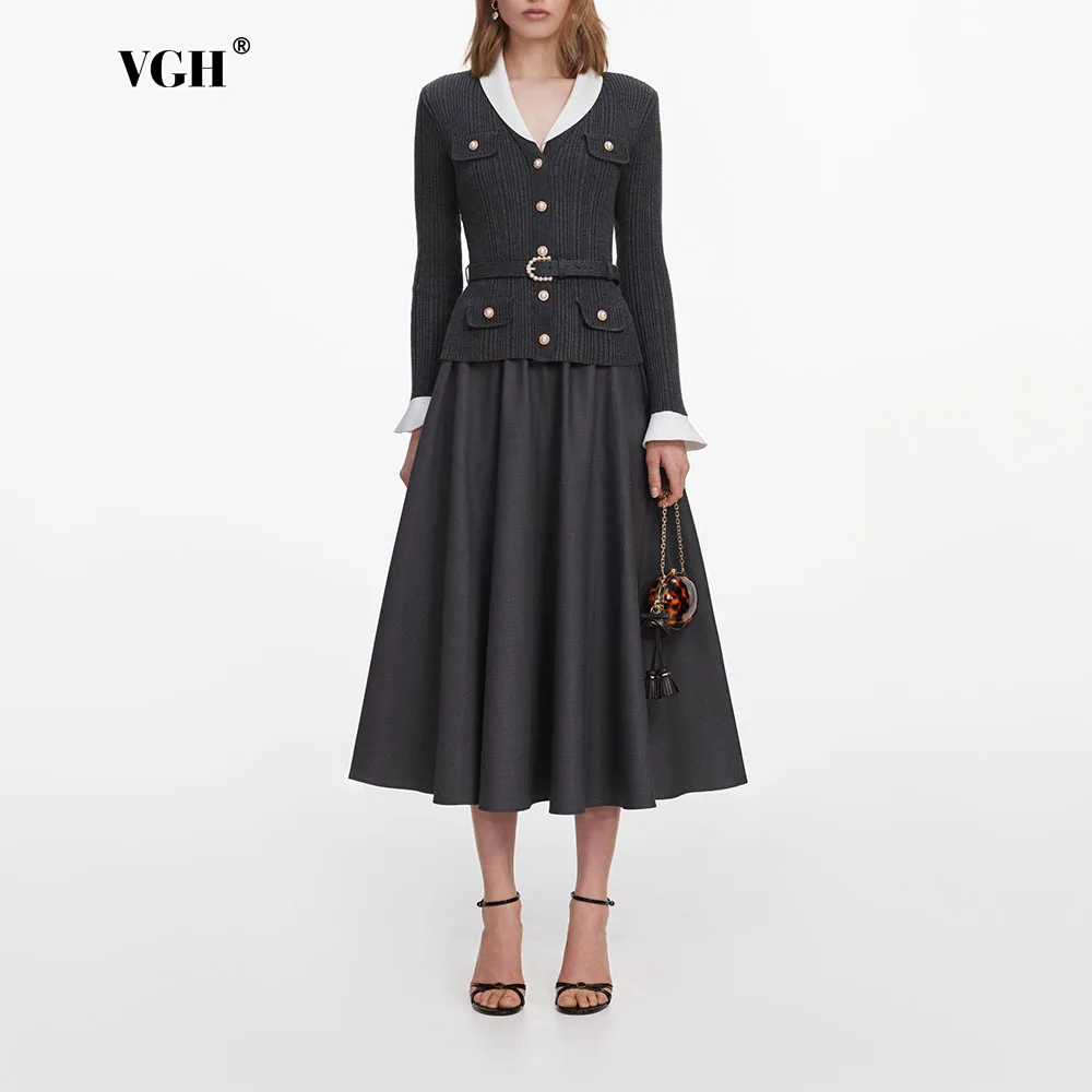 VGH Chic Two Piece Set for Women Contrast White Lapel Cuff Ribbed Knit Top Belted Midi A Line Skirt Business Casual for Autumn
