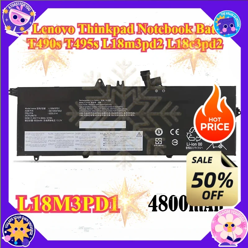 SWZY 57WH Laptop Battery L18l3pd1 L18m3pd1 L18c3pd1 for Lenovo Thinkpad Notebook Battery T490s T495s L18m3pd2 L18c3pd2 Series