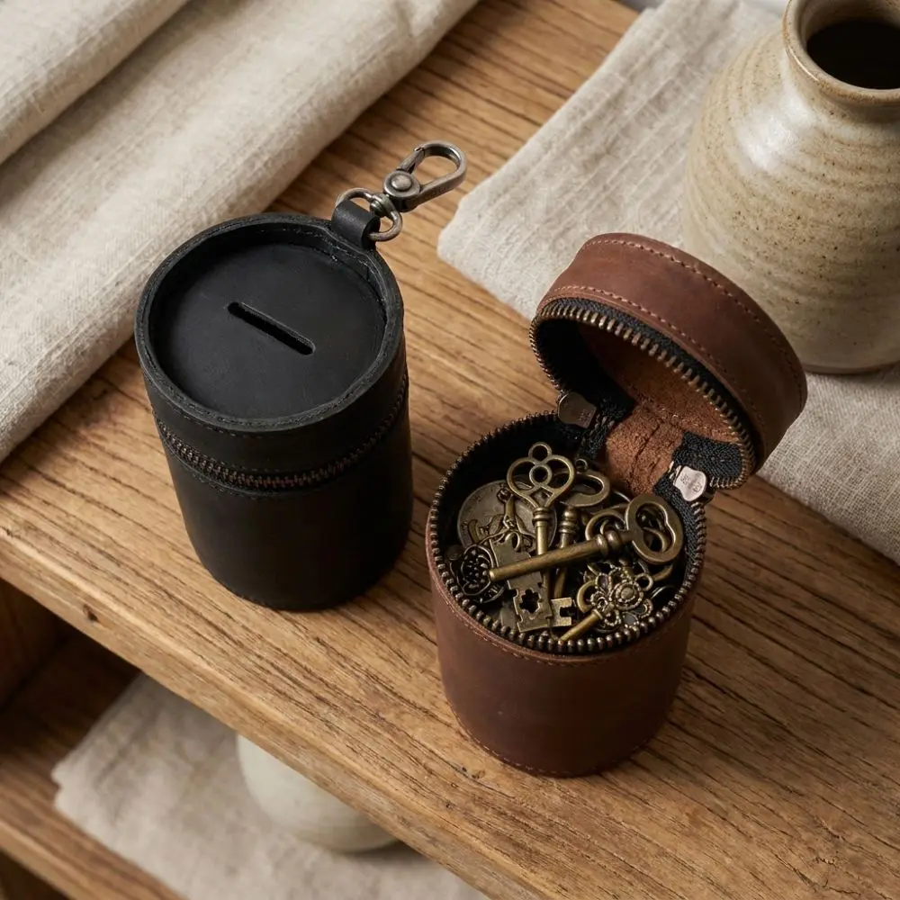 PU Leather Coin Storage Bank Cylindrical Handmade Car Interior Piggy Bank Round Zipper Vintage Trinkets Coin Purse