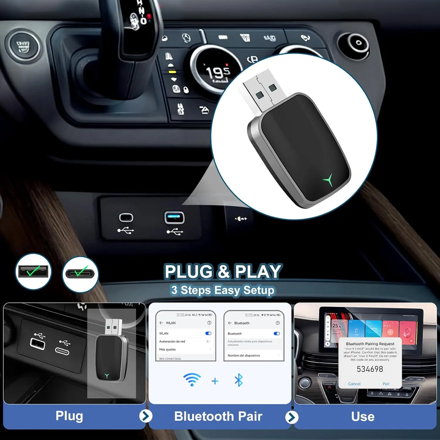 2025 2in1 Carplay اللاسلكي وAndroid صندوق السيارات السلكية إلى دونغل لاسلكي التوصيل التلقائي محول بلوتوث التوصيل والتشغيل صندوق صغير