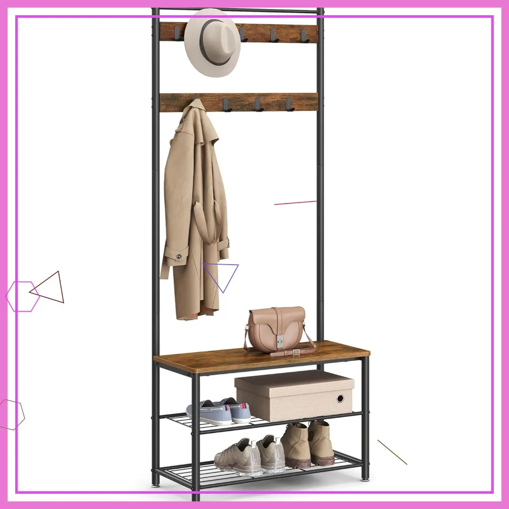 

Скамейка для прихожей 3-в-1 с местом для хранения обуви, в индустриальном стиле, с коричневой и черной стальной рамой, 12,6 x 27,6 x 68,9 дюймов