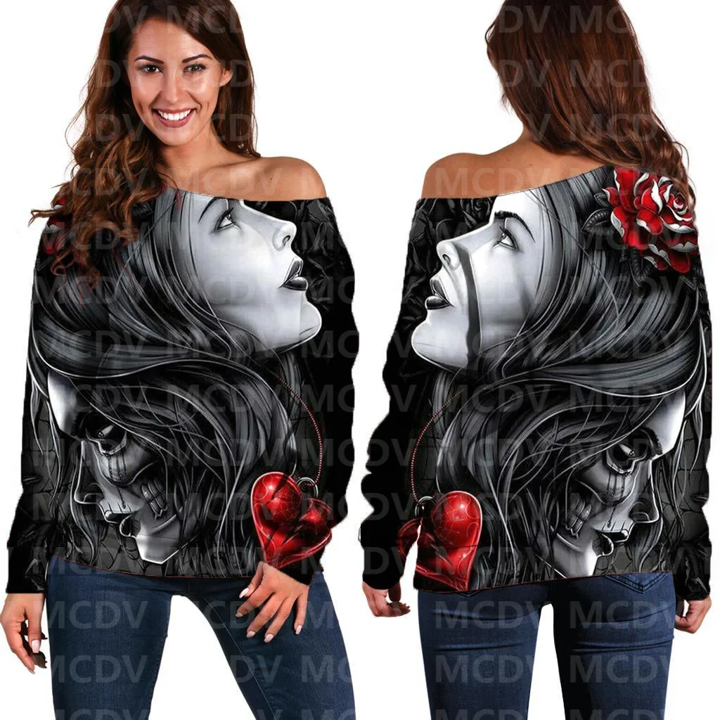 Women's Off Shoulder Sweater Halloween  Skull 3D Printed Women Casual Long Sleeve Sweater Pullover