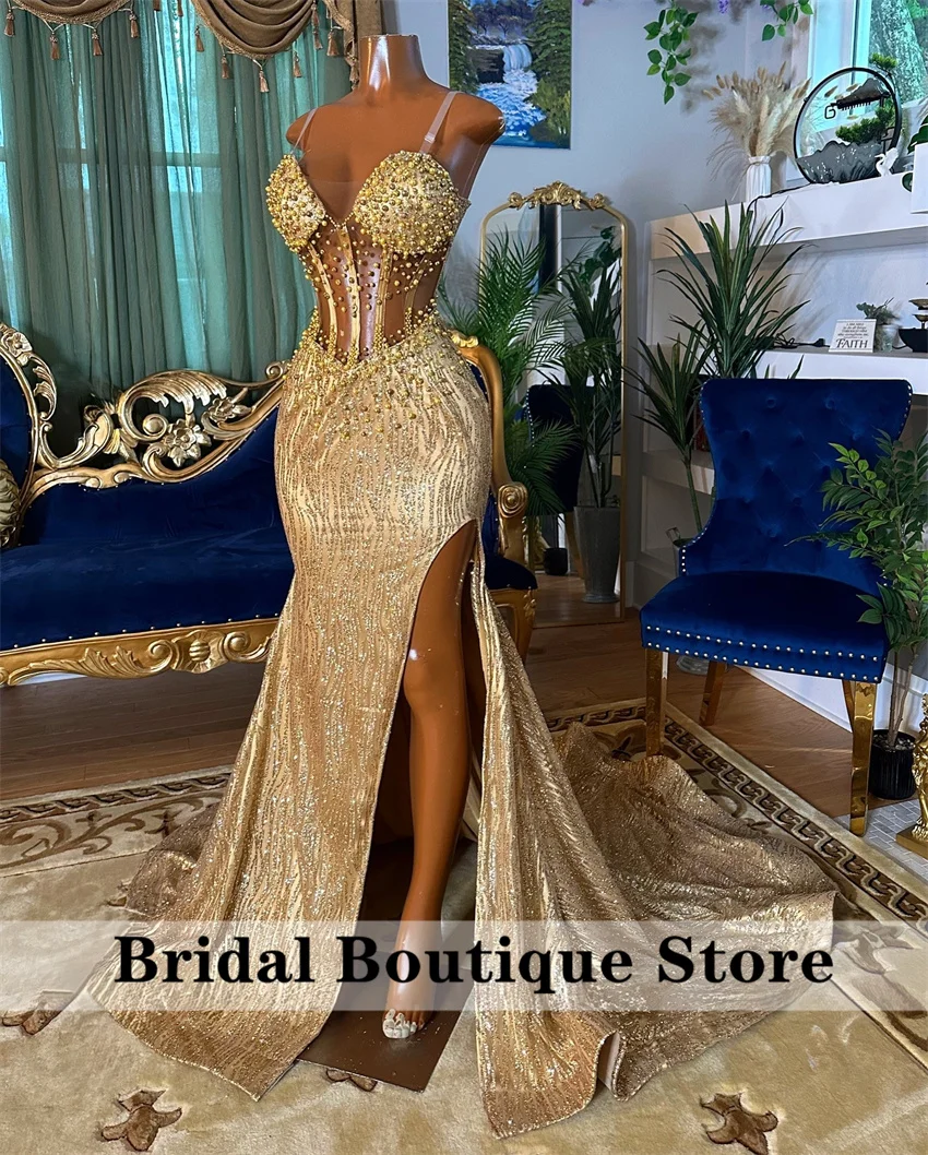 Sparkly Gold Beading Long Prom Dresses 2024 Beads Crystal Sequins Pearls Birthday Party Gown Wedding Reception Robe Customized