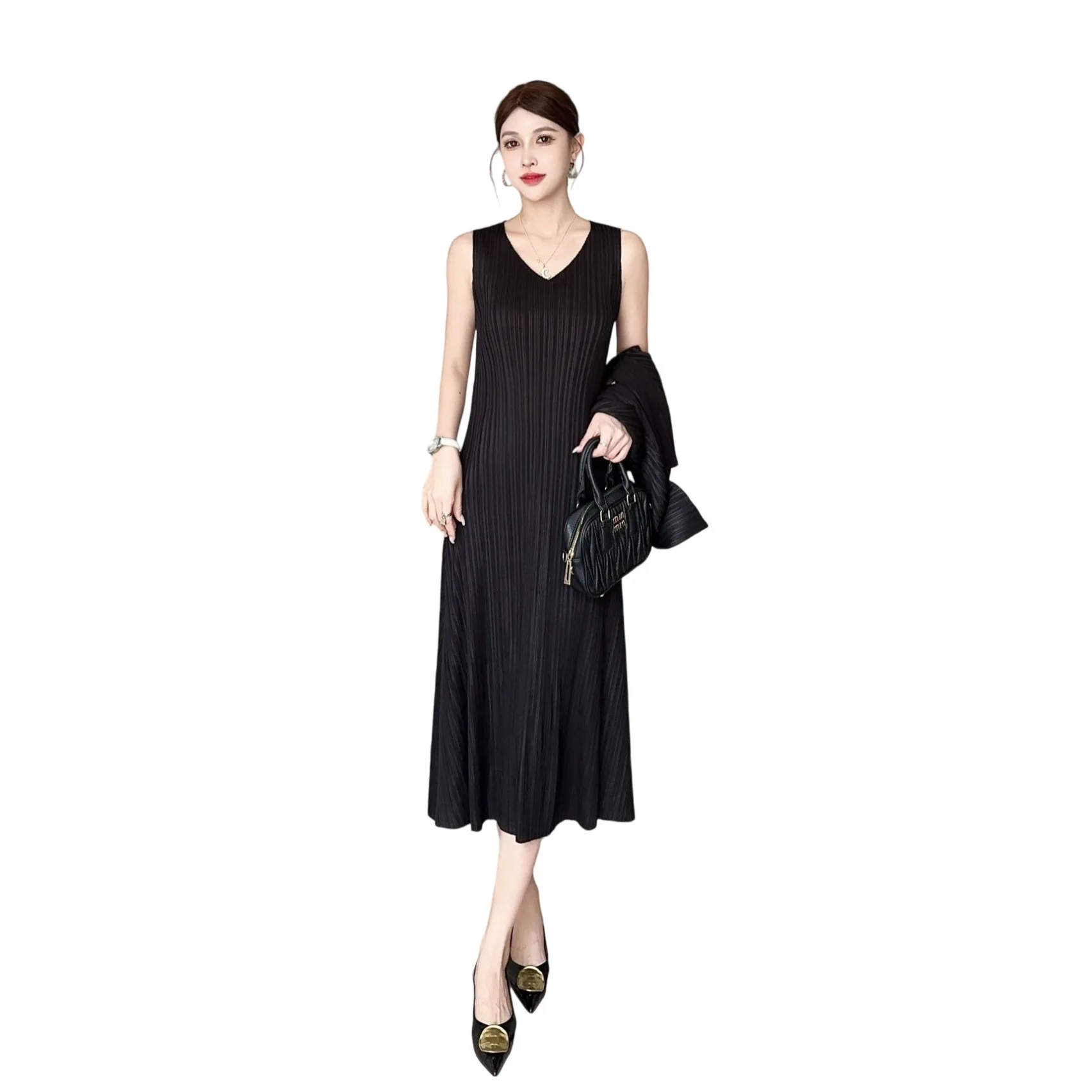 Miyake Pleated Autumn New Outfit Set for Women, Simple, Fashionable, High-end, Vest Skirt, Temperament Jacket Two-piece Set