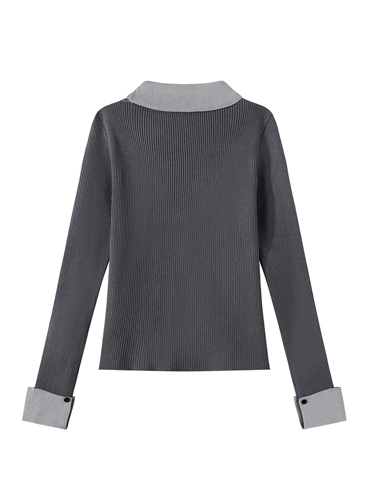 Maglieria da donna con colletto rovesciato in colore retrò a contrasto, stile coreano, moda, manica lunga, maglione slim fit, pullover chic femminile