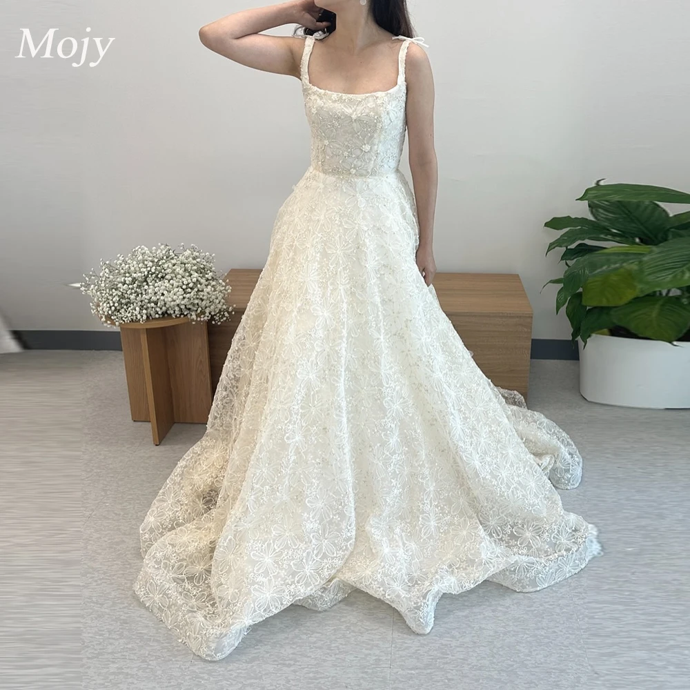 

Mojy Изысканные кружевные бусины A Line Корейские свадебные платья для фотосессии Ремни с квадратным вырезом длиной до пола Корсет сзади Платья невесты