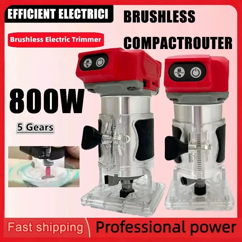 Brushless Electric Trimmer 800W 30000RPM Cordless Compact Router 5-Speeds Woodworking Trimming Machine For Milwaukee 18V Battery